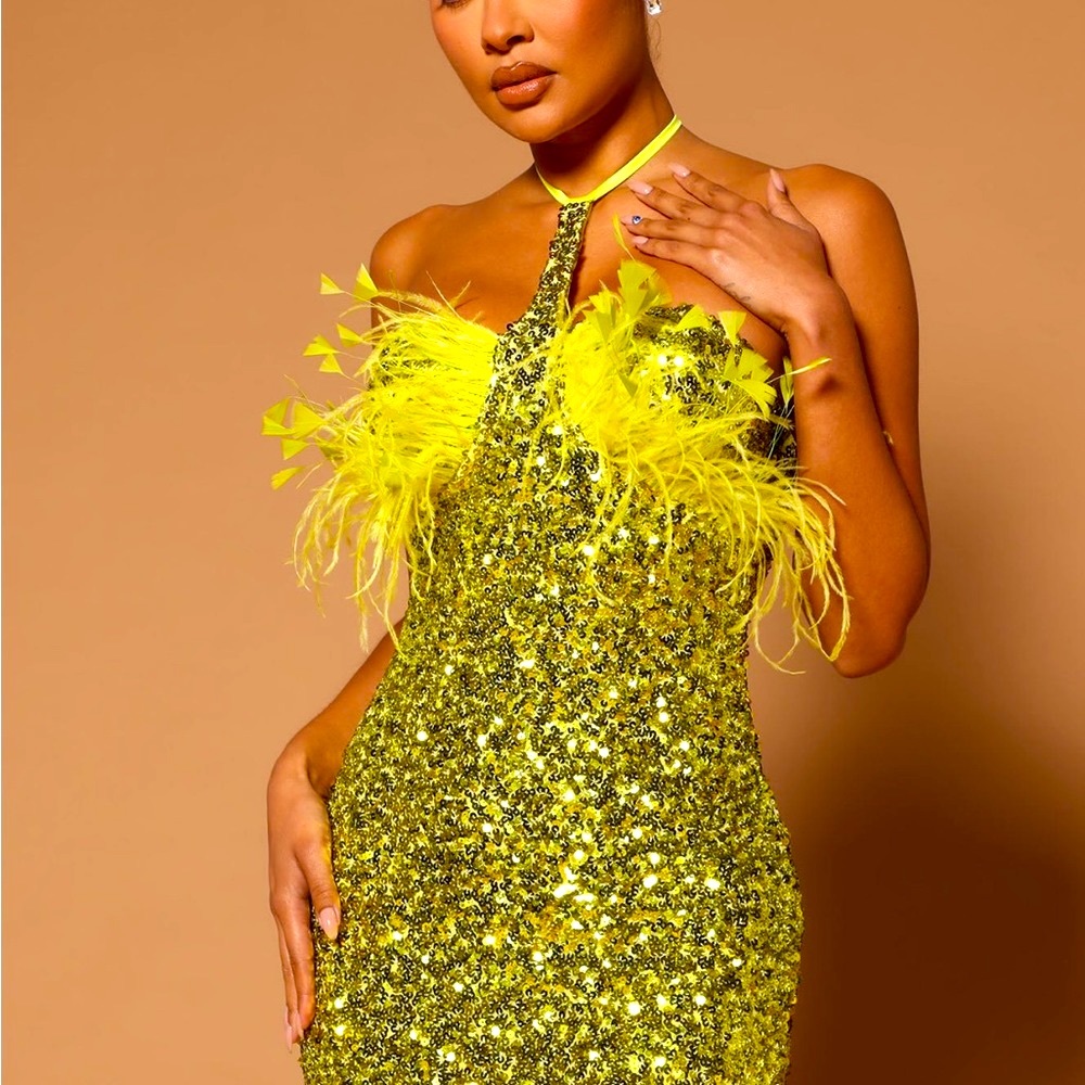 Sequin Feather Halter Mini Dress. (New year’s collection)